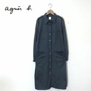 M1092-T-N◆フランス製 old◆agnes b アニエスベー シャツワンピース ロング丈 ステッチ◆size40 グレー レディース トップス