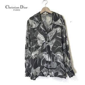 M1664-N◆old◆ Christian Dior クリスチャンディオール 総柄シャツ 薄手 シアー レディース ◆ sizeM グレー系 マルチ シルク100