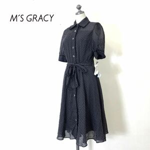 M1636-N◆タグ付き美品◆ M'S GRACY エムズグレイシー シャツワンピース 半袖 レース シアー ロング◆size38 ネイビー ドット ポリエステル