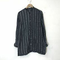 M1532-N◆old◆ IM ISSEY MIYAKE イッセイミヤケ ノーカラーシャツ 長袖 メンズ トップス ◆ sizeM ブラック ストライプ シルク コットン_画像2