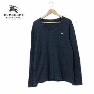 M1758-D-S◆良品◆ BURBERRY BLACK LABEL バーバリーブラックレーベル 長袖Tシャツ カットソー Vネック ◆size3 ブラック コットン