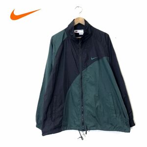 M1669-D◆old◆90s◆ NIKE ナイキ ウインドブレーカー トラックジャケット ブルゾン ロゴ刺繍 ◆sizeM グリーン ブラック ナイロン100