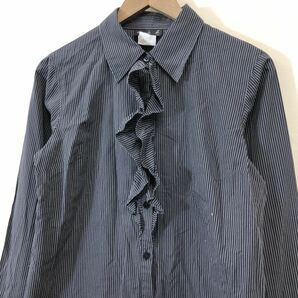 M1975-F-N◆ 美品 ◆ agnes b アニエスベー 長袖フリルシャツ ブラウス ストライプ ◆ size40 コットン100 ブラック 古着 レディースの画像3