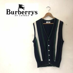 M1707-G◆burberrys バーバリーズ カーディガンベスト◆sizeM 綿100% ネイビー ホワイト グリーン レース 刺繍 ストライプ ノースリーブ 冬