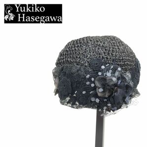 M1962-U◆Yukiko Hasegawa ユキコハセガワ 創作帽子 レース コサージュ 花 フェミニン レトロ 個性的◆size 頭周り約50cm ブラックの画像1