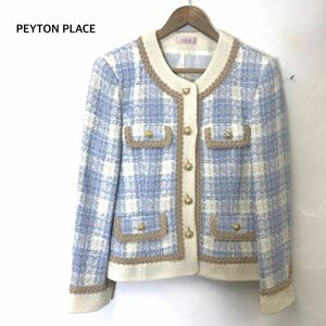 M1682-W◆良品◆PEYTON PLACE ペイトンプレイス ノーカラージャケット 裏地付き ツイード風 セレモニー◆ブルー系 アクリル ウール 他