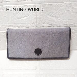 薄型　ハンティングワールド　長財布　レザー　ネイビー　キャンバス　HUNTING WORLD