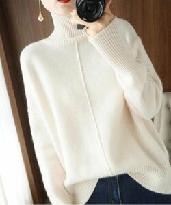 新品 * 高品質 ニットセーター ふんわり ゆったり 暖か ミンクカシミヤ デザイン ハイネック ニット トップス * ホワイト
