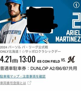 花火大会日　日本ハムファイターズ vs 千葉ロッテ　2024年 4/21（日）DUNLOP PARKING A2/B6/B7共用　普通車駐車券　1枚　エスコン