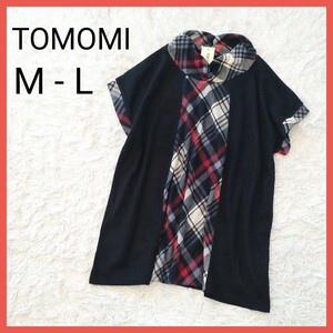 ★新品・美品★【M〜L】TOMOMI　半袖　チェックチュニックブラウス　韓国　黒