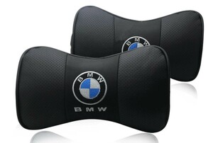 ★新品★２個セット★BMW★ 刺繍 ロゴ入りき レザー ネックパッド 汎用 車載首枕 ヘッドレスト★刺繍工芸★ブラック★