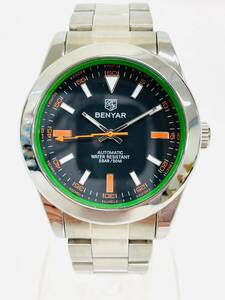 H781*3　稼働　美品　BENYAR　ベンヤー　BY-5176M　自動巻き　裏スケ　5BAR/50M　ブラック文字盤　メンズ　腕時計