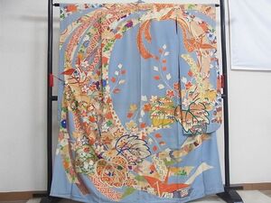 着物おきな★アンティーク　大正ロマン　昭和レトロ　振袖　駒刺繍　束ね熨斗折り鶴　金銀糸　正絹★n676