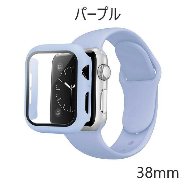 アップルウォッチ バンド 3 2 Apple Watch Series3 フレーム ガラスフィルム一体型ケース パープル 38mm Series2 ベルト シリコン 全面保護