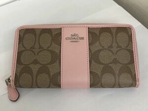 良品 COACH 長財布 F54630 ピンク系 レザー シグネチャー ラウンドファスナー ブラウン レディース コーチ ブランド ウォレット 199342