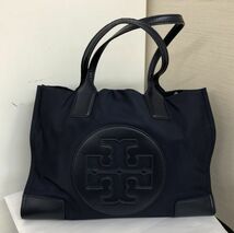 中古品 TORY BURCH トートバッグ ネイビー系 レザー×ナイロン レディース トリーバーチ ブランド 通勤 青 ブルー ショルダー ハンド 鞄_画像1