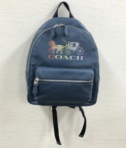 COACH コーチ バッグパック リュック サック F76772 ネイビー レインボー 馬車 ロゴ レザー 本革 シボ革　200684　