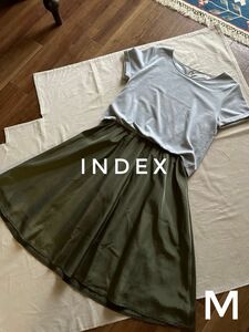 美品　index インデックス　異素材ミックス　ワンピース　グレー×カーキ　M