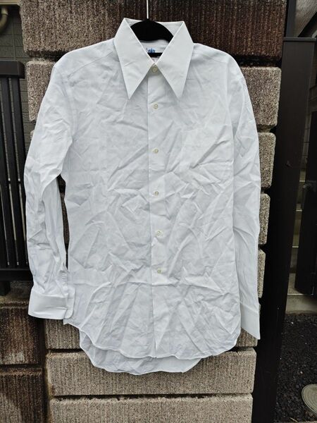 ホワイトＹシャツ　70s ビンテージ　ロングポイントカラー　三越　オーダーメイド　 ドレスシャツ　 長袖シャツ　 白 ビジネス