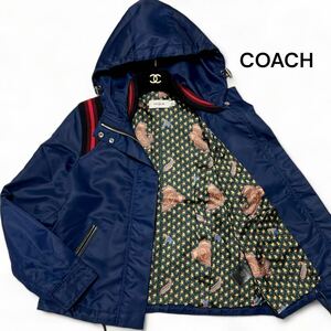 未使用級◎2サイズ!!コーチ【圧倒的な存在感】COACH 裏地 総柄 マウンテン パーカー ジャケット ブルゾン ネイビー ナイロン 牛革◎メンズ