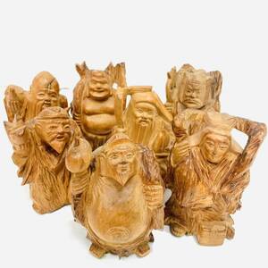 [B13941KM] tree carving Seven Deities of Good Luck 7 body . summarize interior sculpture ornament tree industrial arts set . ratio ... large black heaven luck ..... heaven cloth sack .. person . fortune heaven 