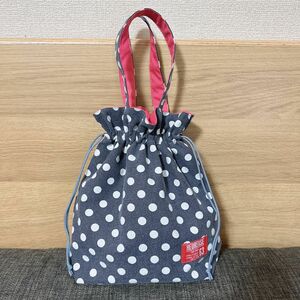 ハンドメイド　巾着バッグ　巾着トートバッグ　ミニトートバッグ　水玉　ドット柄