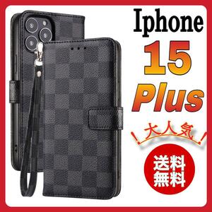 手帳型 iPhone 15Plusケース　黒ブラック　チェック PUレザー　シンプル スリム 高級デザイン 耐衝撃 カード収納 お洒落 アイホン15プラス