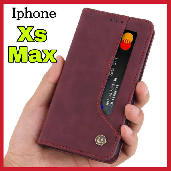 iPhoneXsMaxケース 手帳型 赤レッド上質でPUレザー ビジネス アイホンXSmaxカバー カード収納 タンド機能 薄型 軽量 シンプル アップル