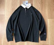 別注 Champion × BEAMS / ロングスリーブ 極小 チビロゴ ビックサイズ ラガーシャツ 黒 Lサイズ / ビームス チャンピオン 長袖 シャツ_画像3