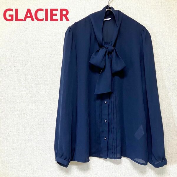 GLACIER グラシア ボウタイブラウス シアー 長袖シャツ Mサイズ ネイビー 紺色