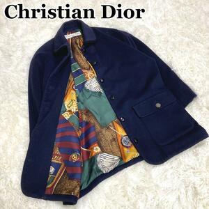 1円〜【極希少】Dior ディオール コート アウター ネイビー 裏地総柄 ウール×シルク ヴィンテージ 古着 レディース 予備ボタン付 春秋冬