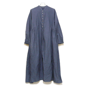 ◎nest Robe ネストローブ バンドカラー リネンワンピース サイズF ウエストギャザー切替 ブルー系 フロントシェルボタン ロング ON5776