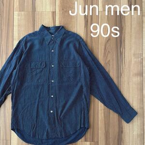 90s Jun men ジュンメン レーヨンシャツ ドット柄 デザインシャツ 長袖 ヴィンテージ ネイビー 日本製 フラップポケット 玉mc2650