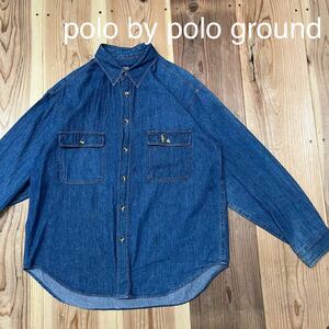 polo by polo ground ポログラウンド デニムシャツ 長袖 刺繍ロゴ インディゴ サイズL 玉mc2701