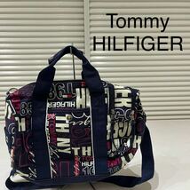 Tommy HILFIGER トミーヒルフィガー ミニボストンバッグ ショルダー ハンドバッグ 2way 総柄 ネイビー 玉mc2709_画像1