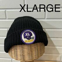 XLARGE エクストララージ ニット帽 キャップ 帽子 ビーニー ワッチ ワッペンロゴ アクリル オールシーズン ブラック 玉mc2716_画像1