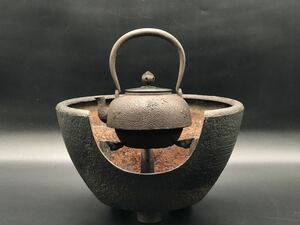 煎茶道具 茶道具 鉄瓶 小振 銅蓋 風炉 刷毛目 五徳 時代物 