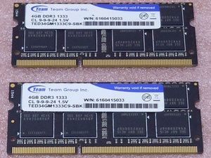 ∠Team TED34GM1333C9-SBK 2枚セット *PC3-10600S/DDR3-1333 Samsungチップ 204Pin DDR3 S.O.DIMM 8GB(4GB x2) 動作品