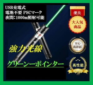 USB充電式　ストレート強力レーザーポインター　グリーン　緑　電池不要　便利　未使用　カラス撃退　ネコおもちゃ　現場指示　高評価！