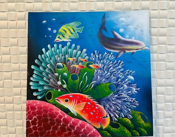 インドネシア　BALI バリ島　絵画　　40cm×40cm イルカと珊瑚礁