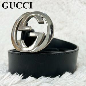  beautiful goods GUCCI Gucci belt buckle Inter locking GG silver metal fittings leather original leather black black men's unisex 