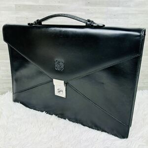  A4 大容量 LOEWE ロエベ ビジネスバッグ ブリーフケース 書類鞄 レザー 本革 ブラック 黒 シルバー金具 ロゴ PC収納 メンズ