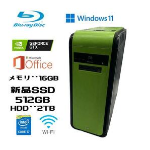 ゲーミングPC 超高速 i7(3.6Gx8)/GeForceグラボ/ブルーレイ/Wi-Fi/新品SSD512GB+大容量HDD2TB/16GBメモリ/HDMI/Windows 11/MS Office 2021 の画像1