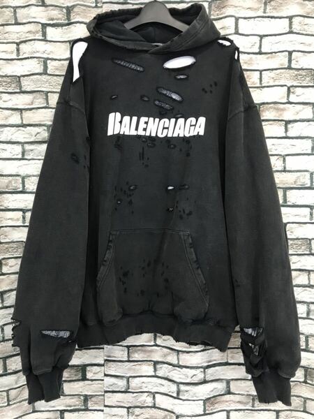 新品★BALENCIAGA バレンシアガ★21SS 659403 TKVB6 1070 Caps Destroyed Hoodieロゴプリントデストロイ加工フーディー スウェットパーカー