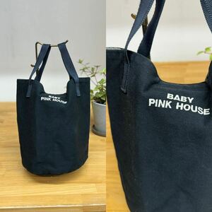 PINK HOUSE ピンクハウス バケツ型トートバッグ 内側キルティングクッション軽量布手提げ袋 エコバッグ 筒形 ブラック黒系 シューズケース