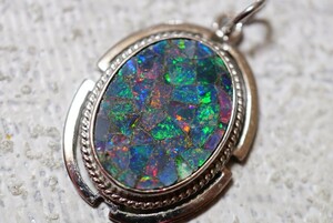 1435 モザイクオパール ペンダント ネックレス ヴィンテージ アクセサリー 18K刻印 メッキ opal カラーストーン 宝石 色石 アンティーク