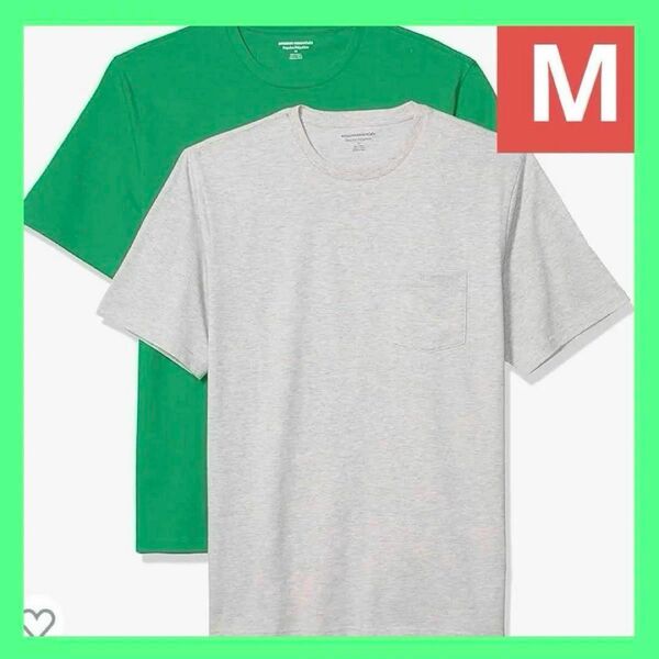 メンズ Tシャツ 2枚セット ポケット付 クルーネック 半袖 M 緑 グレー 無地