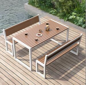  garden table 3 point set outdoors dining table . bench set metal frame plastic. wooden. table top waterproof . enduring sunlight .