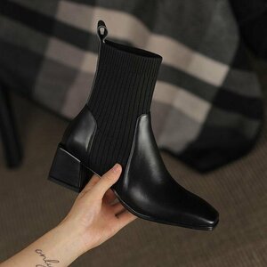  side-gore boots lady's business shoes leather shoes PU leather wide width outdoor light weight ventilation middle height black 24cm