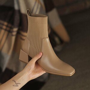  side-gore boots lady's business shoes leather shoes PU leather wide width outdoor light weight ventilation middle height beige 24.5cm